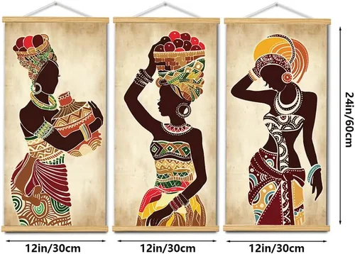 Miniatura 4 de 3 piezas de pintura en lienzo étnica africana de mujer negra, arte de pared vintage para sala de estar y dormitorio, arte en lienzo con marcos
