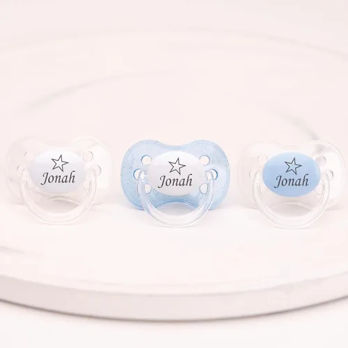 Chupete personalizado con nombre y diseño de estrella, paquete de 3 unidades con purpurina azul, blanco y azul (0-6 meses), 6-18 meses, niños