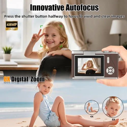 Miniatura 3 de Cámara digital 4K, cámara selfie de 48 megapíxeles con enfoque automático y pantalla giratoria de 180°, cámara digital compacta para niños con zoom