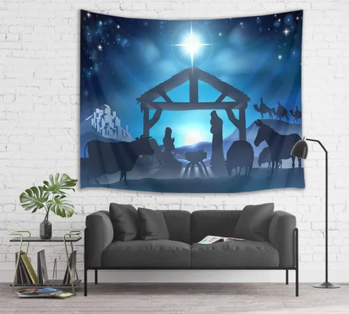 Miniatura 2 de HVEST Tapiz de cielo estrellado de Jesús, tapiz de belén, Jesucristo, nacido en el pesebre, para colgar en la pared, creyentes cristianos, hombres