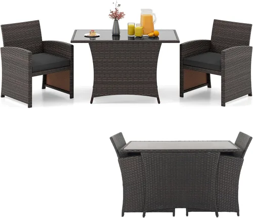 Tangkula Juego de comedor de mimbre de 3 piezas, 2 sillas de ratán con mesa de comedor rectangular de vidrio templado, juego de conversación al aire