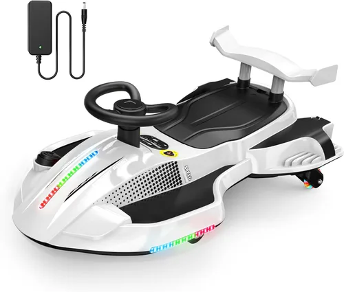 Auto eléctrico Wiggle de 12 V con pedales, auto recargable de oscilación y deriva, diseño antivuelco con respaldo, aerosol, luces intermitentes,