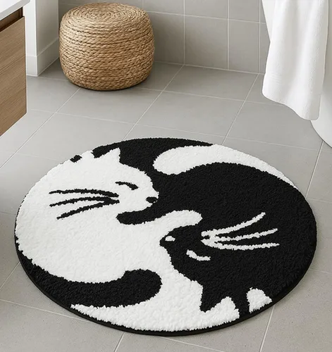 Bonita alfombra de baño con diseño de gato Yin Yang, accesorio redondo de ducha de animales en blanco y negro, microfibra antideslizante lavable, de