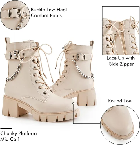 Miniatura 3 de TINSTREE Botas de combate de tacón bajo con hebilla de moda para mujer, botas de combate con cremallera lateral, botas antideslizantes para montar