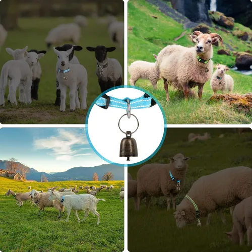 Miniatura 5 de Paquete de 5 collares reflectantes de cabra con campanas, caballo, oveja, pastoreo, campanas de cobre y collar de nailon ajustable, campanas