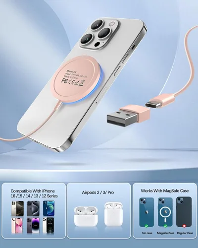 Miniatura 2 de Cargador inalámbrico magnético rápido Apple Mag-Safe para iPhone 15 Pro Max/15 Pro/15/15 Plus/14/13/12 Serie AirPods 3/2/Pro/Pro 2 Almohadilla