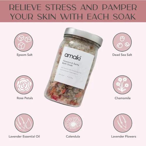 Miniatura 6 de Juego de flores y sales de baño Amaki Skincare con aceite esencial lavanda, pétalos de rosa, lavanda, caléndula y flores de manzanilla (2 paquete)