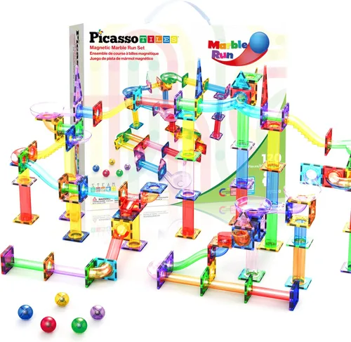 PicassoTiles Juego de 120 piezas de azulejos magnéticos para carreras de mármol, juguete de construcción STEM con pista, bloques de construcción 120
