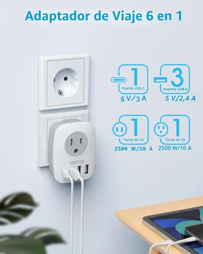 Miniatura 4 de Paquete de 2 adaptadores de enchufe de viaje europeo, VINTAR Adaptador de enchufe de alimentación internacional con 1 USB C, 2 salidas americanas