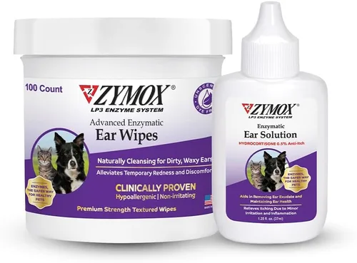 Zymox Toallitas enzimáticas para los oídos y solución para los oídos para perros y gatos, paquete de productos, para orejas sucias, cerosas y