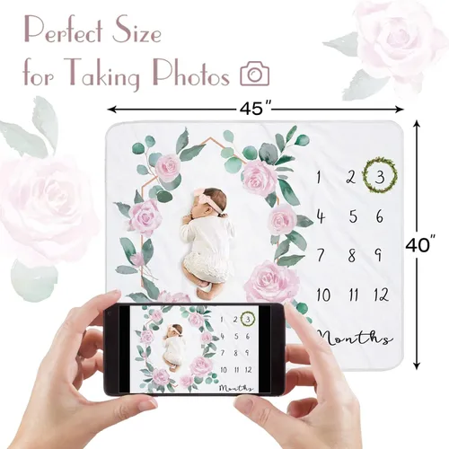 Miniatura 2 de Manta mensual de hitos para bebé niña, manta de edad recién nacida, accesorio para fotos con tabla de crecimiento, rosa floral rosa, corona
