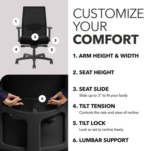 Miniatura 3 de HON Ignition 2.0 - Silla de trabajo con respaldo medio, control avanzado de inclinación sincronizada, silla de oficina con soporte lumbar, brazos