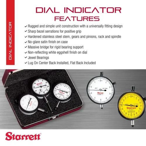 Miniatura 2 de Starrett Indicador de Cuadrante Serie 25 con Rodamientos de Rubí y Oreja en el Centro Posterior - Carátula Blanca, Rango de 0-.025", Cuadrante