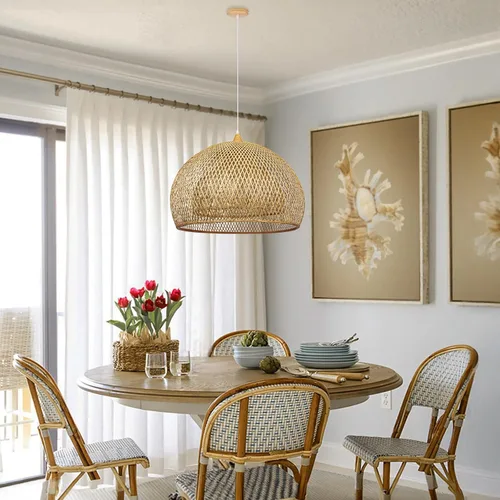 Miniatura 4 de Arturesthome Lámpara colgante de bambú de tejido de 23.6 pulgadas para isla de cocina, candelabro de mimbre, lámpara de techo colgante tejida a mano