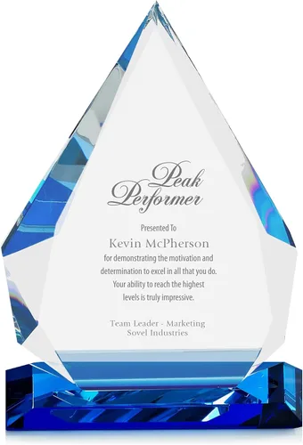 Baudville Premio de trofeo de cristal luminario grabado personalizado - Destacados azules - Viene con elegante caja de regalo negra Lágrima