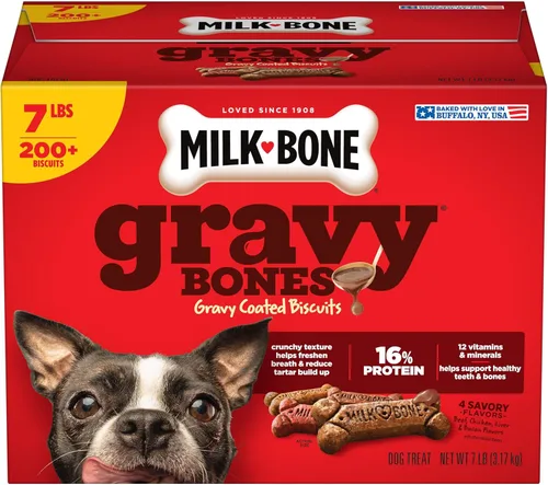 Milk-Bone Gravy Bones - Golosinas para perros con 4 sabrosos sabores de carne recubiertos en salsa, 7 libras
