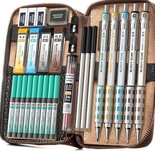 Miniatura 8 de Nicpro - Juego de 36 lápices mecánicos Blocky Gear con estuche, lápices metálicos de 0.01 pulgadas, 0.02 pulgadas, 0.03 pulgadas, 0.035 pulgadas