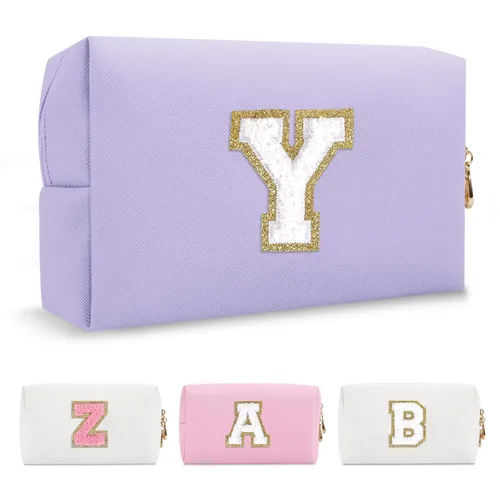 Miniatura 132 de Pequeña bolsa de maquillaje personalizada con inicial A-Z Preppy Patch, bolsa de cosméticos de viaje de felpilla blanca con cremallera, bonita bolsa