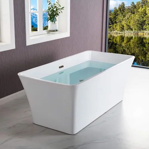 Miniatura 2 de WOODBRIDGE BTA1509 - Bañera independiente de acrílico de 59 pulgadas, bañera blanca de remojo contemporáneo con desbordamiento y drenaje de níquel