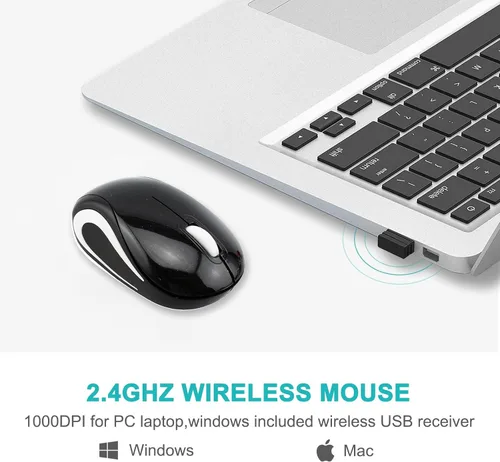 Miniatura 2 de Mini mouse inalámbrico para computadora, tamaño pequeño, portátil, compacto de viaje, USB óptico de 3 botones, 1000 DPI, mouse inalámbrico para Negro