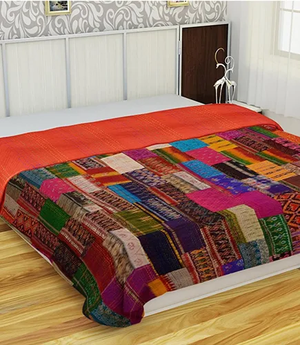 Patola - Colcha Kantha de seda con parche de seda, colcha Kantha para el trabajo, manta Kantha, Queen Kantha, edredón indio sari Kantha Rallyes,