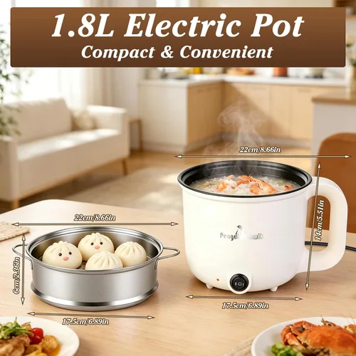 Miniatura 4 de Hot Pot Electric with Steamer, Rapid Noodles Cooker, 1.8L Portable Ceramic Inner Electric Hot Pot, Mini Pot for Egg, Ramen, Dumpling, Soup, Electric