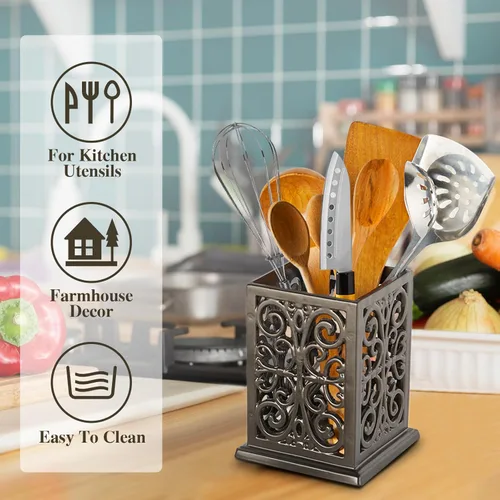 Miniatura 6 de jogreful Soporte para Utensilios de Cocina, Olla de Cocina de Hierro Fundido para Encimera, Organizador Extra Grande de Utensilios con Base Café