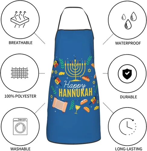 Miniatura 7 de Wishing Happy Hanukkah Delantales de cocina para chef, impermeable, ajustable, divertido delantal para barbacoa con bolsillos para hombres y mujeres