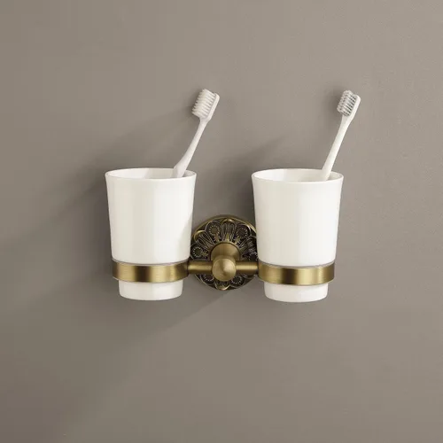 Miniatura 2 de Soporte doble para cepillos de dientes montado en la pared, soporte para taza de enjuague bucal para pared de baño, soporte de latón antiguo y dos