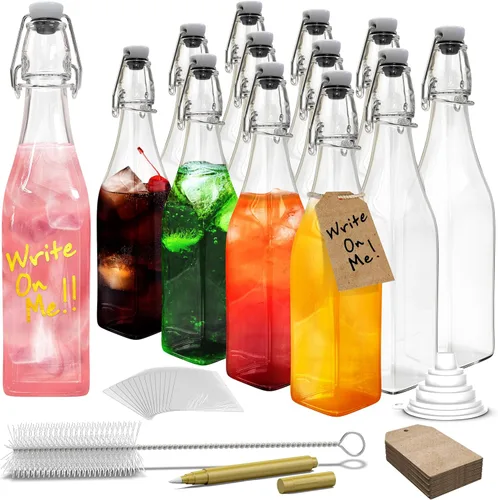 Miniatura 11 de Nevlers Botella de vidrio cuadrada con tapa abatible de 17 onzas con tapa, paquete de 6 botellas de vidrio con tapa hermética, embudo, cepillo