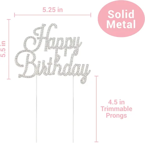 Miniatura 4 de Decoración de pastel de feliz cumpleaños, metal plateado de alta calidad, decoración de diamantes de imitación brillantes para fiesta de feliz