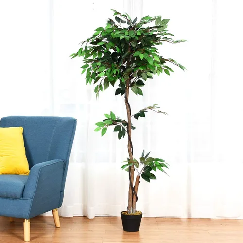 Miniatura 3 de Goplus Árbol artificial de hoja de seda de ficus de 5.5 pies, árbol falso en maceta con hojas verdes y tronco natural, sin mantenimiento, planta