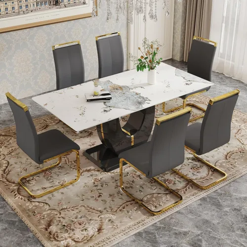 Miniatura 21 de Juego de 6 sillas de mesa de comedor para 6, juego de 6, moderno juego de comedor con mesa de comedor de mármol de 63 pulgadas, sillas tapizadas