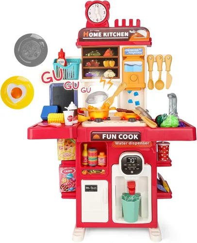 Juego de cocina de juguete mejorado para niños, juego de cocina en miniatura con fregadero con rociador y luces realistas, juguetes de cocina Rojo