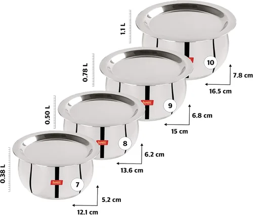 Miniatura 4 de Sumeet Juego de Ollas de Acero Inoxidable de 4 Piezas en Forma de Vientre/Utensilios de Cocina/Juego de Ollas con Tapa 380ML, 500ML, 780ML, 1.1Ltr