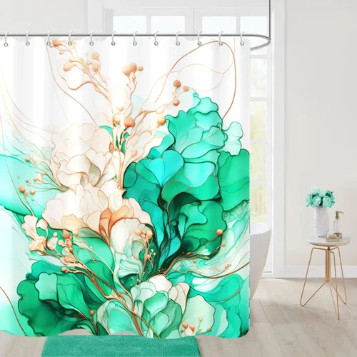 Miniatura 11 de Cortina de ducha con flores grises para baño, juego de cortina de ducha de mármol gris claro y blanco con ganchos, decoración floral abstracta