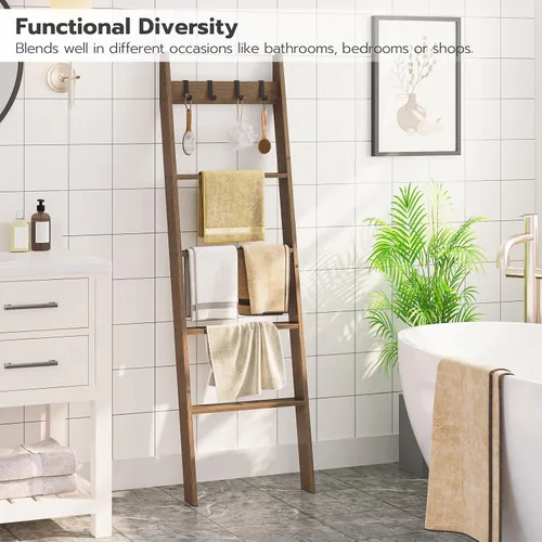 Miniatura 3 de HOOBRO Escalera para Mantas para Sala de Estar y Dormitorio, Estantería de Pared Inclinada de 5 Niveles para Toallas de Baño, Estantería