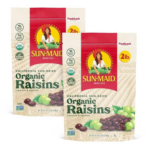 Sun-Maid Pasas Orgánicas de California Secadas al Sol - (Paquete de 2) Bolsa Resellable de 32 oz - Aperitivo de Fruta Seca Orgánica para Almuerzos,