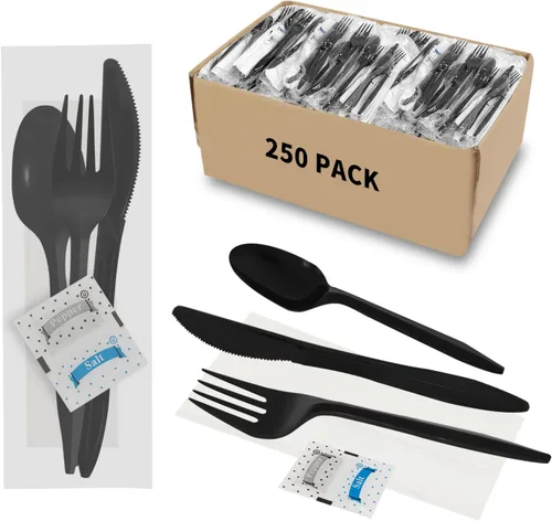Miniatura 12 de 500 paquetes de juego de cuchillo, tenedor, cuchara, servilleta, sal y pimienta, cubiertos de plástico negro envueltos individualmente para entrega