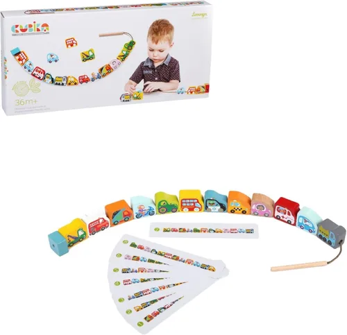 CUBIKA Juguete de madera con cordones de autos voladores - Juguete Montessori con cordones para niños a partir de 3 años - Tarjetas de cordones de
