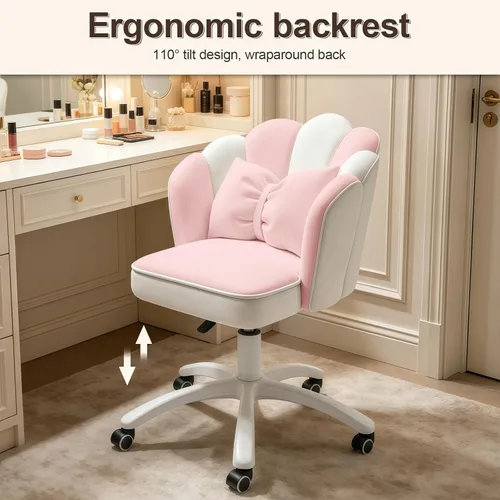 Miniatura 7 de Silla de escritorio Petal con cojín de lazo, silla de tocador de terciopelo con ruedas, silla de oficina tapizada para niñas y mujeres, sillas