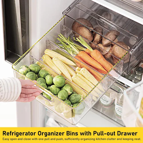 Miniatura 2 de Paquete de 4 contenedores organizadores de refrigerador con cajón extraíble, apilables, transparentes, organizadores de cajones de refrigerador