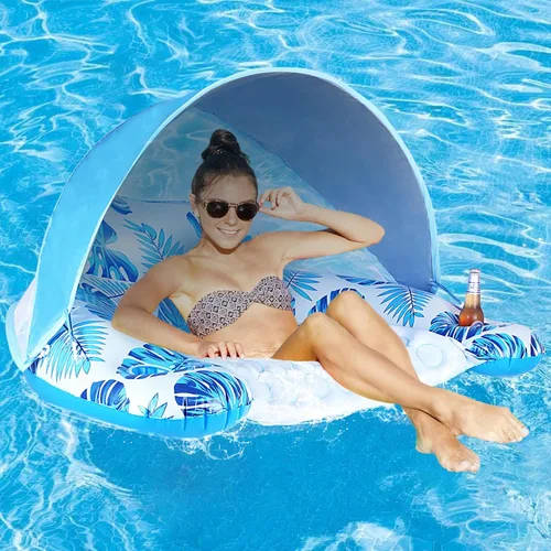 COOLCOOLDEE Flotador de piscina con toldo y portavasos - Flotador de silla de piscina XL con cubierta de parasol ajustable, portavasos, respaldo