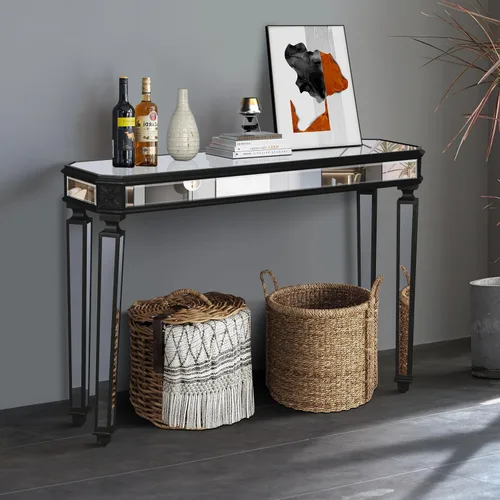 Miniatura 8 de Moderna mesa de consola plateada con espejo con 2 cajones de almacenamiento, escritorio rectangular de tocador, mesa de tocador de maquillaje