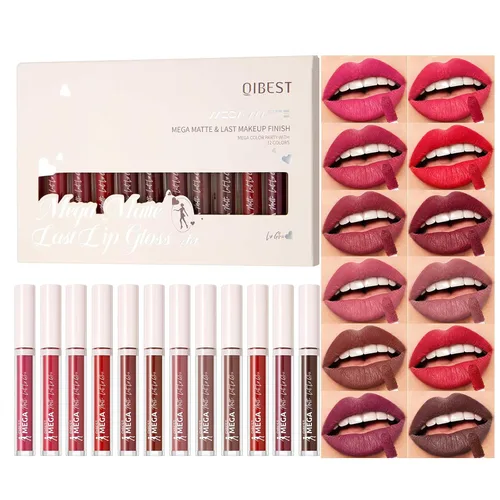 Miniatura 10 de Juego de 12 lápices labiales mate de maquillaje, desnudos clásicos y rojos atrevidos, taza antiadherente, no se decolora, lápiz labial líquido
