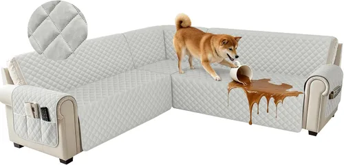 Miniatura 25 de Fundas impermeables para sofá seccional de esquina en forma de L, de terciopelo, juego de 6 piezas, funda en forma de U para sofá, para perros