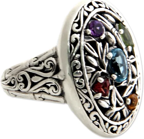 Miniatura 2 de NOVICA Multi-Gem, anillo de cóctel de plata de ley 925, flores de bambú, Plata Esterlina, multi Sin piedras preciosas