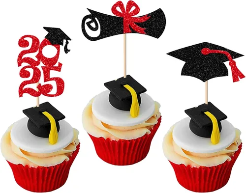 Paquete de 24 adornos para cupcakes de graduación 2025 con purpurina para la clase de 2025 para decoración de tartas para decoración de cupcakes