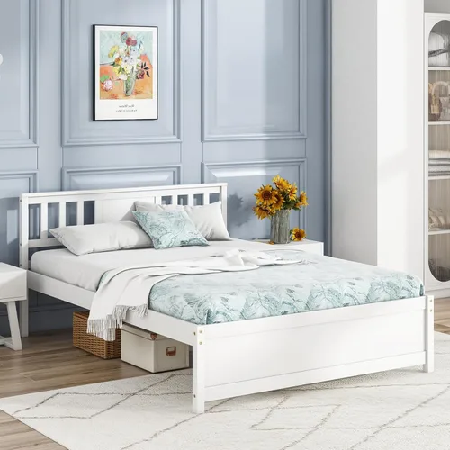 Miniatura 4 de Giantex Marco de cama de plataforma de madera maciza de tamaño matrimonial, marco de cama matrimonial de mediados de siglo con cabecero, soporte