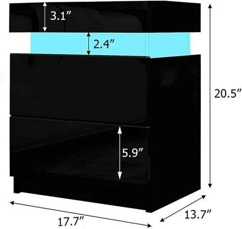 Miniatura 2 de Mesita de noche de alto brillo con luz LED RGB, moderna con 2 cajones laterales, mesita de noche, mueble de dormitorio (negro/blanco) (Color negro)